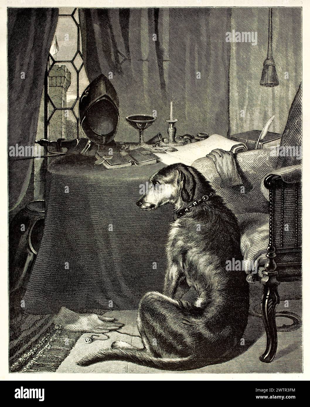 Alte gravierte Abbildung, die den Hund (Lehrer) zeigt, der auf dem Boden hockte. Erstellt von Freeman, veröffentlicht auf Magasin Pittoresque, Paris, 1852 Stockfoto