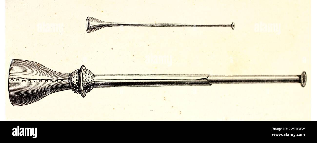 Alte Illustration von Trajans Säulentrompete (oben) und alte Kupfertrompete aus der französischen Nationalbibliothek. Von Magasin Pittoresque, 1852. Stockfoto