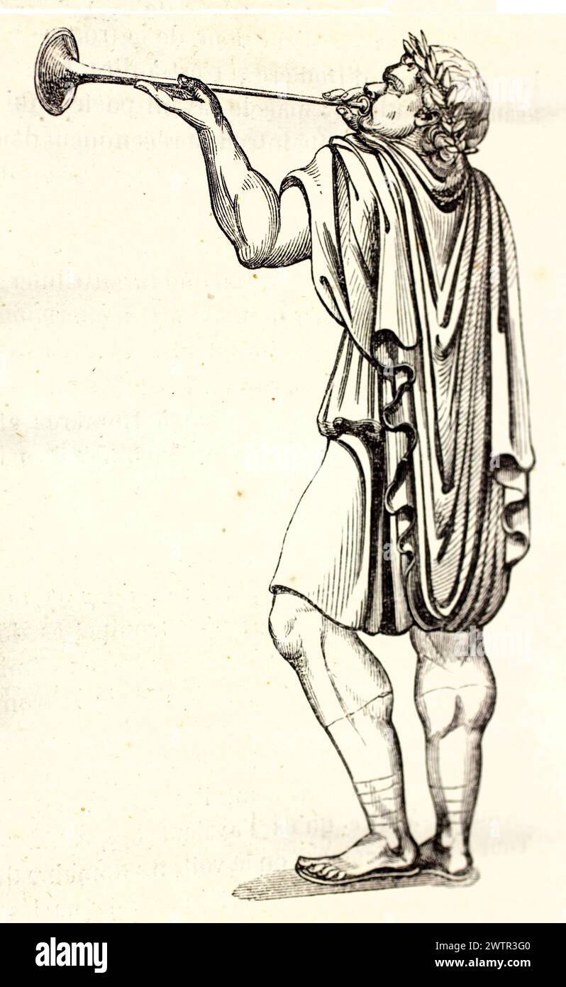 Alte gravierte Reproduktion eines Mannes, der Tuba spielt, ein altes römisches Militärmessinstrument aus Trajans Säule. Magasin Pittoresque, 1852. Stockfoto