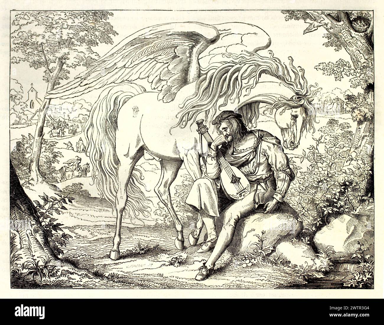 Alte gravierte Abbildung von Pegasus mit fließender Mähne neben einem Lautenspieler in einer idyllischen Landschaft. Von Gagniet nach Retzsch, 1852. Stockfoto