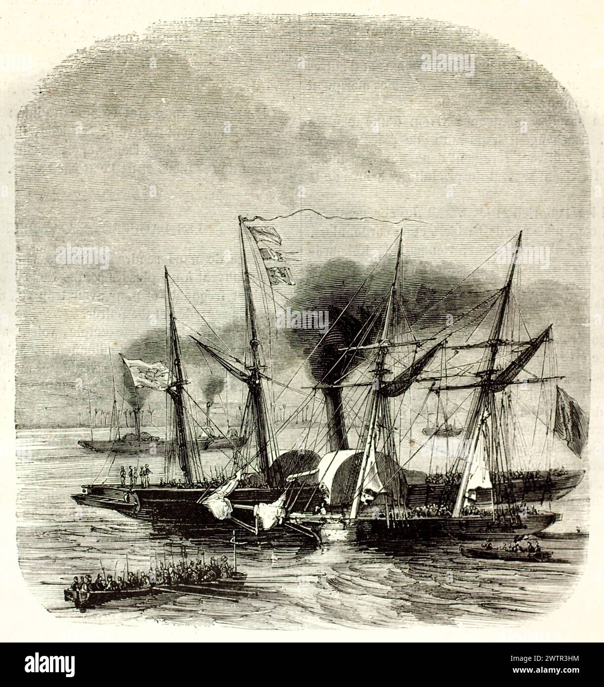 Dampfbetriebene Schiffe mit Segeln fahren durch die Gewässer des Mittelmeers, wobei Mannschaftsboote und Flaggen sichtbar sind. Illustration von unbekanntem Autor, veröffentlicht 1852. Stockfoto