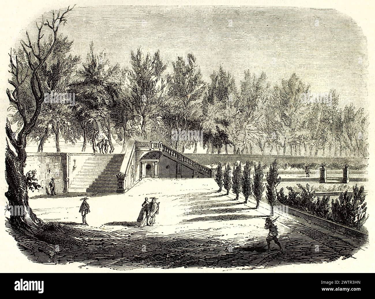 Formelle Terrasse und Treppe des Gartens Cabaret Renard in den Tuilerien, Paris, mit spazierenden Figuren und ausgerichteten Bäumen. Illustration von Folquier 1852 Stockfoto