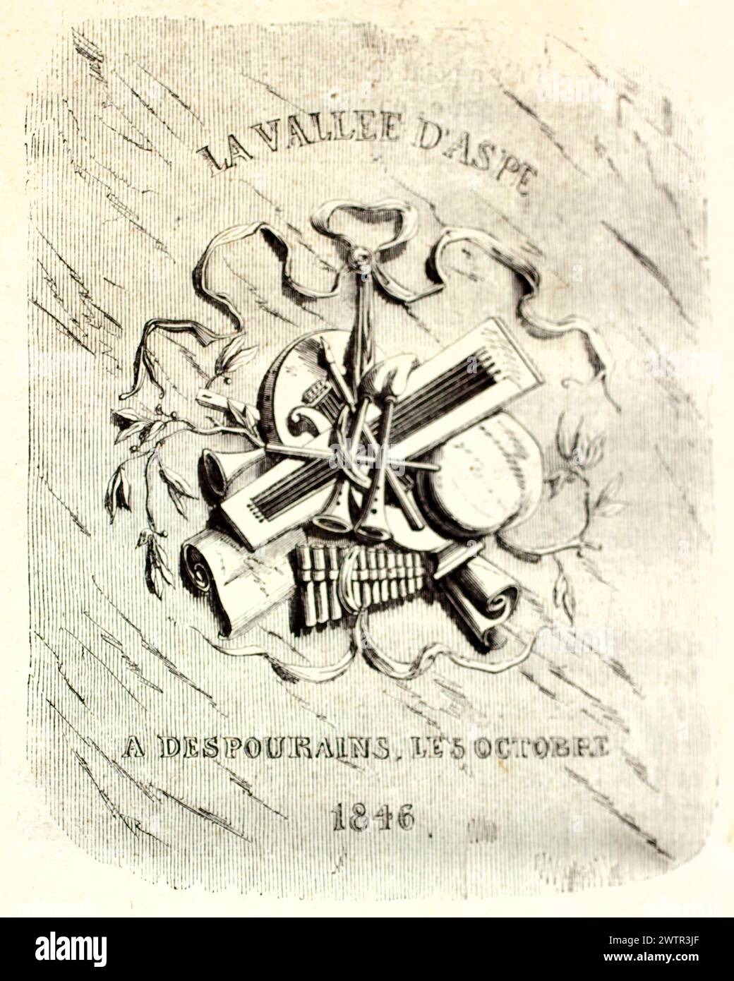 BAS-Relief auf dem Sockel des Cyprien Despourrins in Accous, Frankreich, mit musikalischen und literarischen Symbolen. Veröffentlicht auf Magasin Pittoresque, 1852. Stockfoto