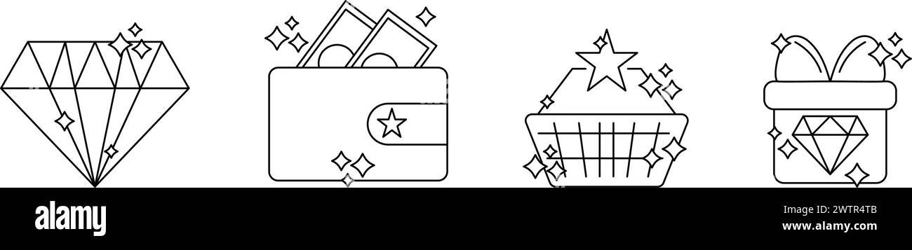 Exklusive Vorteile Icon Kollektion. Diamant- und Geschenkbox, Portemonnaie, Einkaufswagen-Symbole Set. Stock Vektor