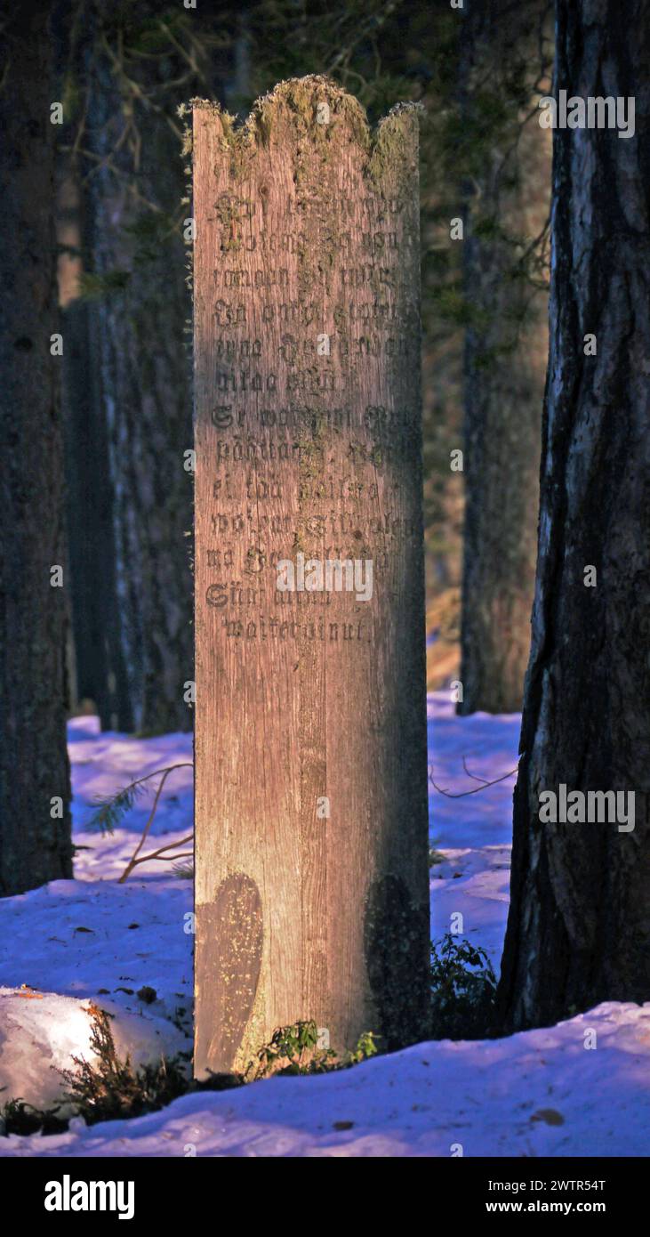 Grabbrett auf dem alten Horkanlahti (Malaria Bay) Friedhof (1913 geschlossen). Vehmersalmi, Kuopio, Finnland, 19. 03. 2024 07:15 +02. Temperatur -12 °C, Wind S 1 m Stockfoto