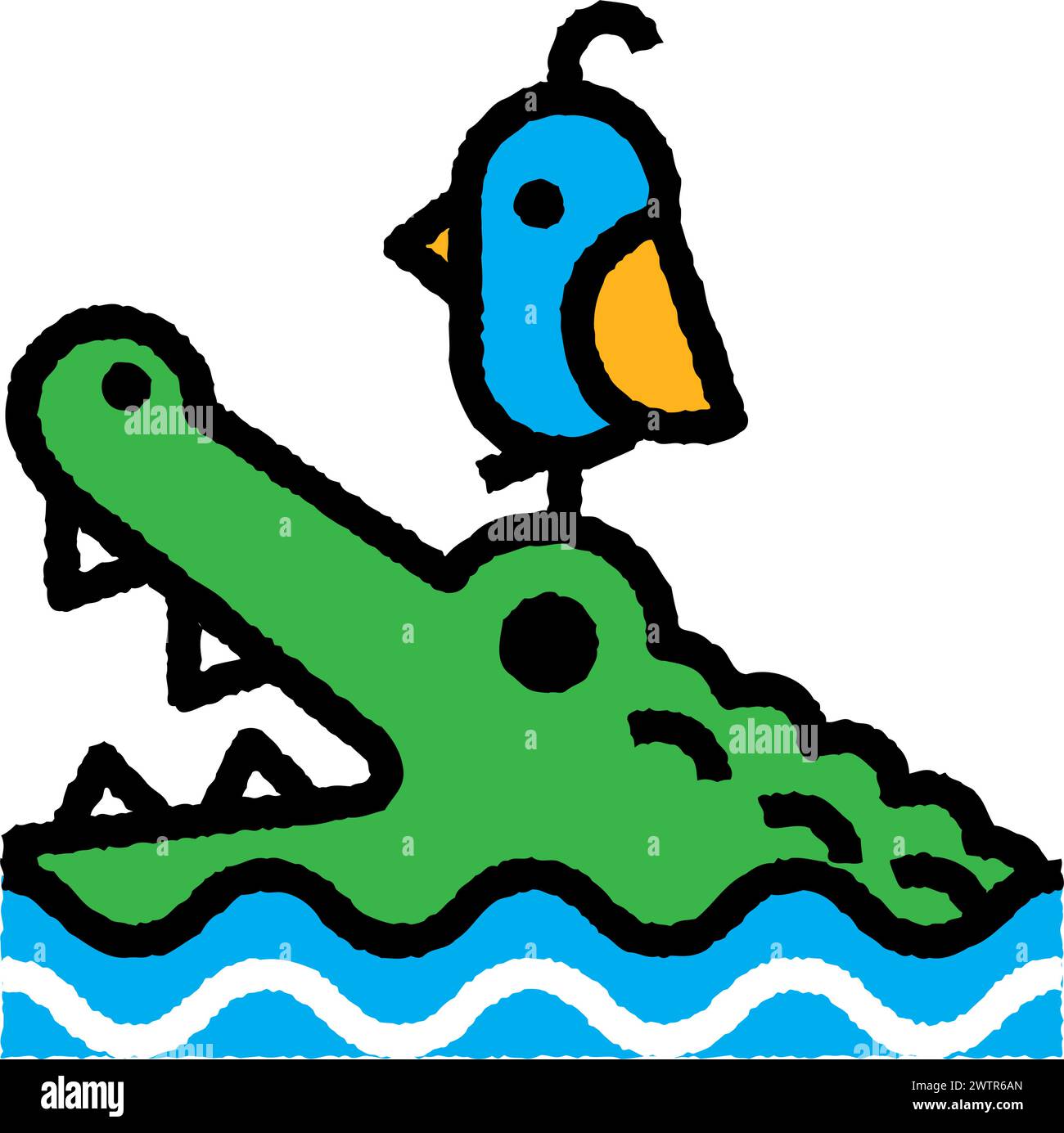 Krokodil- und Vogel-Cartoon-Aufrauen gefüllter Umrisssymbol für Dekoration, Website, Web, mobile App, Drucken, Banner, Logo, Posterdesign usw. Stock Vektor