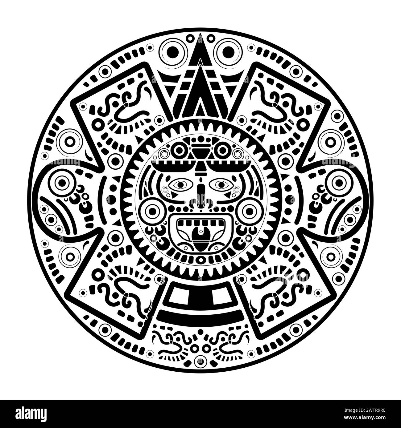Heilige Azteken Rad Kalender Maya Sonne gott, Maya Symbole ethnische Maske, schwarze Tattoo runden Rahmen Grenze alte Logo Symbol Vektor Illustration isoliert Stock Vektor
