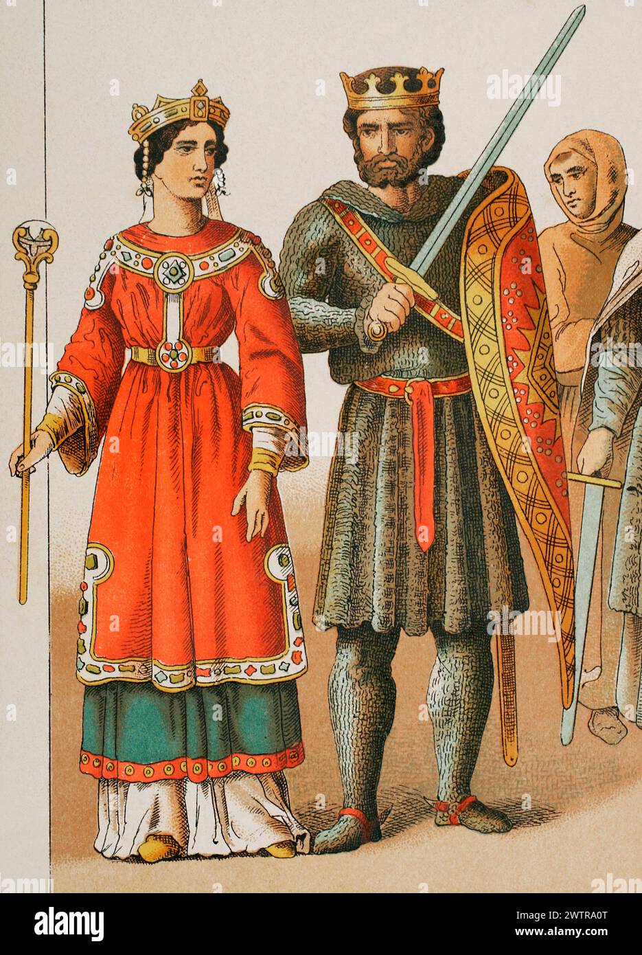 Geschichte Frankreichs, 1100. Königin, König und Mann des einfachen Volkes. Chromolithographie. "Historia Universal", von César Cantú. Volumen V, 1884. Stockfoto