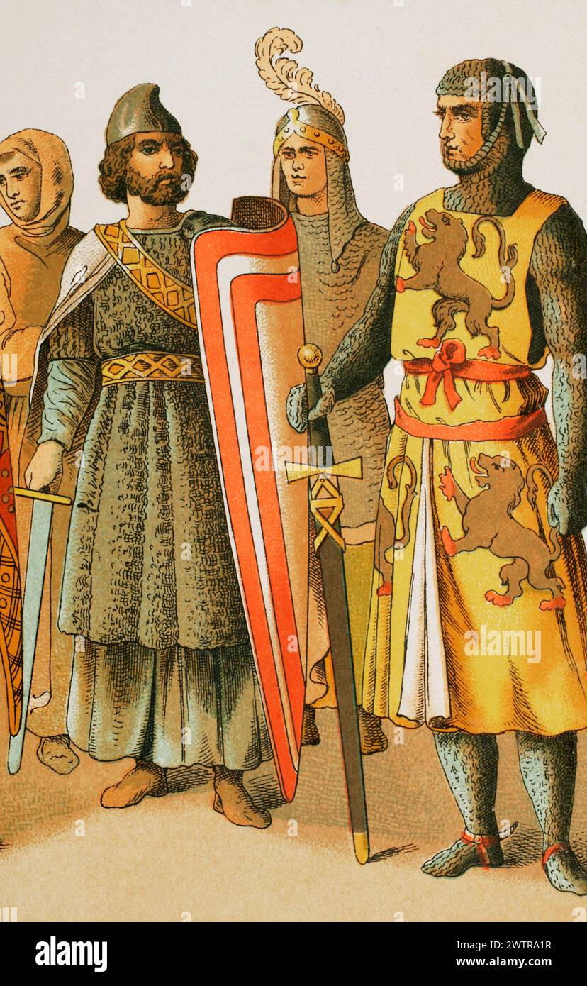 Geschichte Frankreichs, 1100. Krieger. Chromolithographie. "Historia Universal", von César Cantú. Volumen V, 1884. Stockfoto