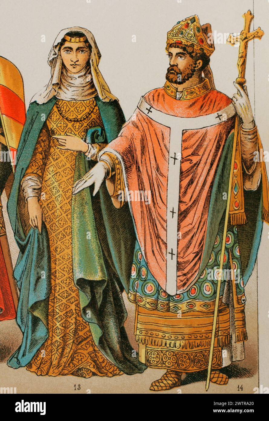 Geschichte Englands, 1200. Frau und Bischof. Chromolithographie. "Historia Universal", von César Cantú. Volumen V, 1884. Stockfoto