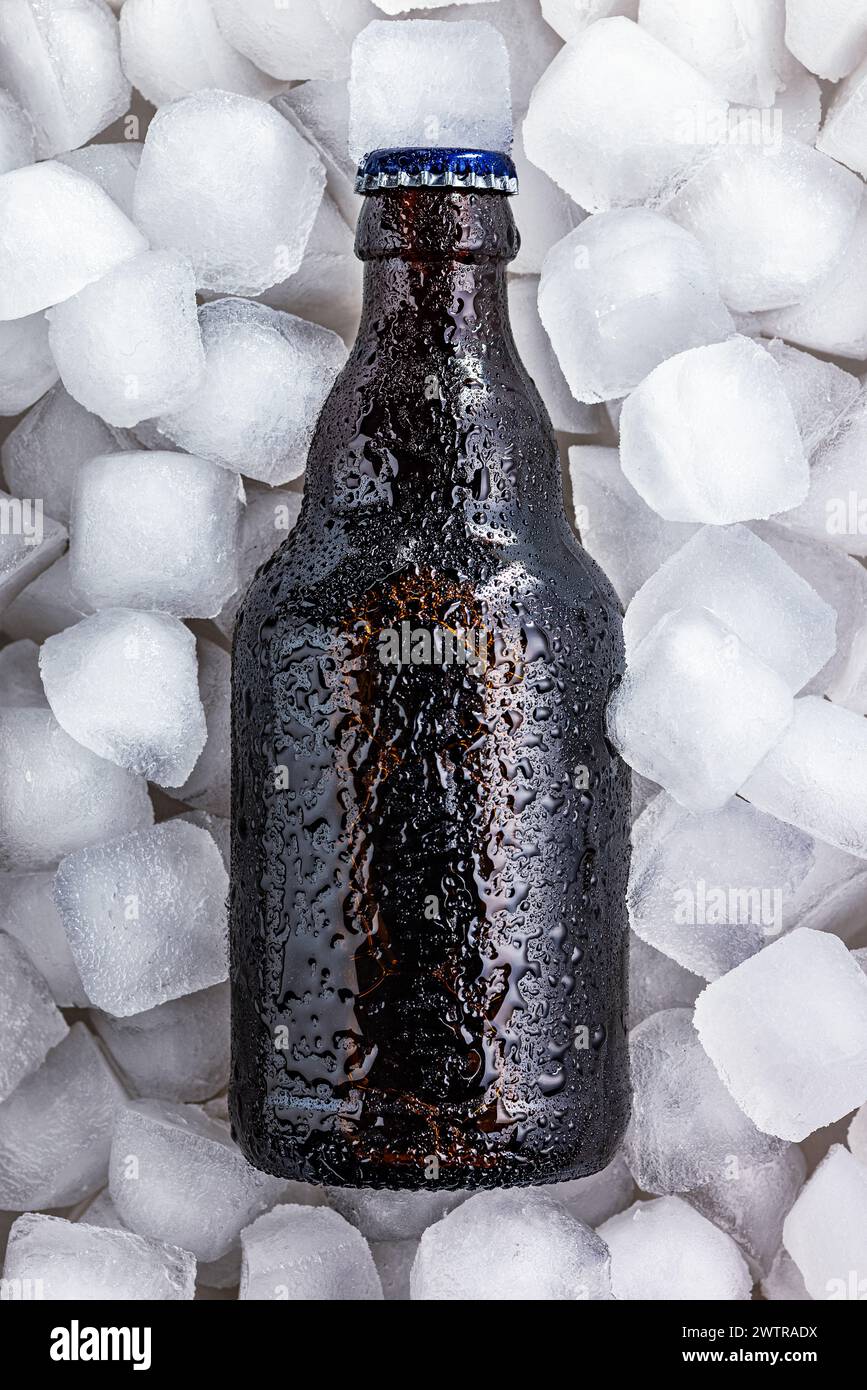 Eine kalte Flasche Bier, die in einem Ring aus Eiswürfeln gekühlt wird, wobei sich Kondenswasser auf der Oberfläche bildet, während es seine kühle Temperatur behält. Stockfoto