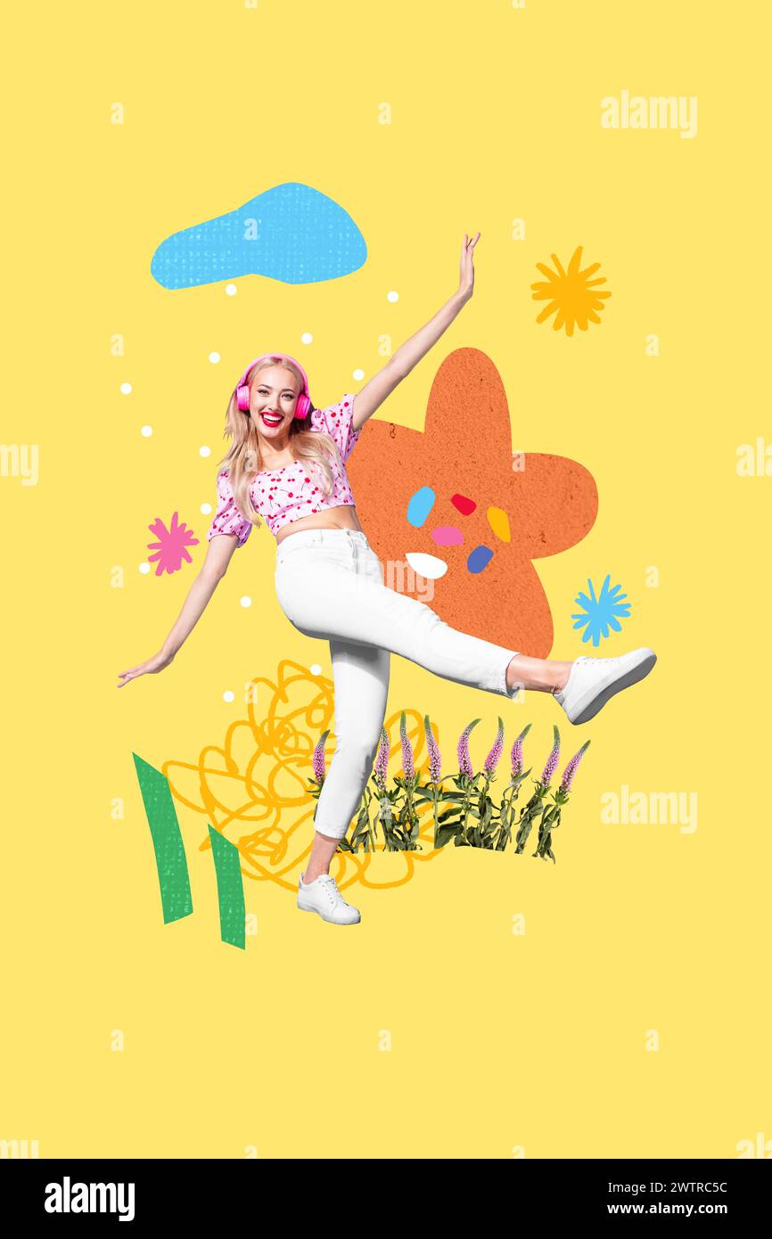 Artwork Bild Trendskizze 3D Collage Foto von abstrakten jungen tanzenden attraktiven Dame mit Kopfhörerbild Frühlingssaison kommen Stockfoto