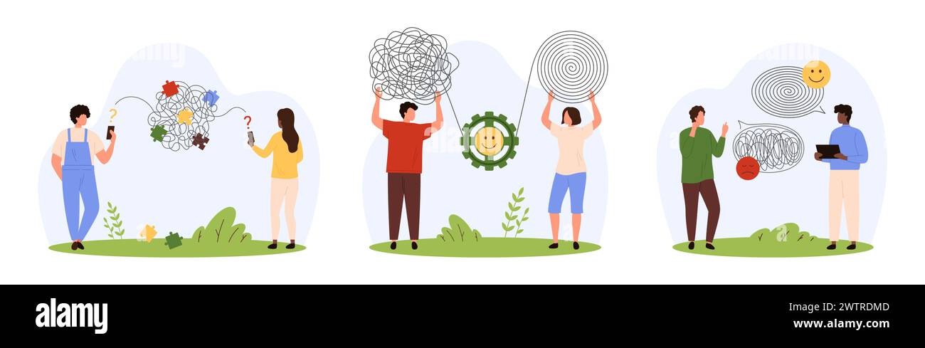 Dialog Verständnis und Kommunikationsprobleme gesetzt. Winzige Leute, die online mit Missverständnissen sprechen, entwirren Charaktere Misskommunikationschaos von Threads in Gedanken Cartoon Vektor Illustration Stock Vektor