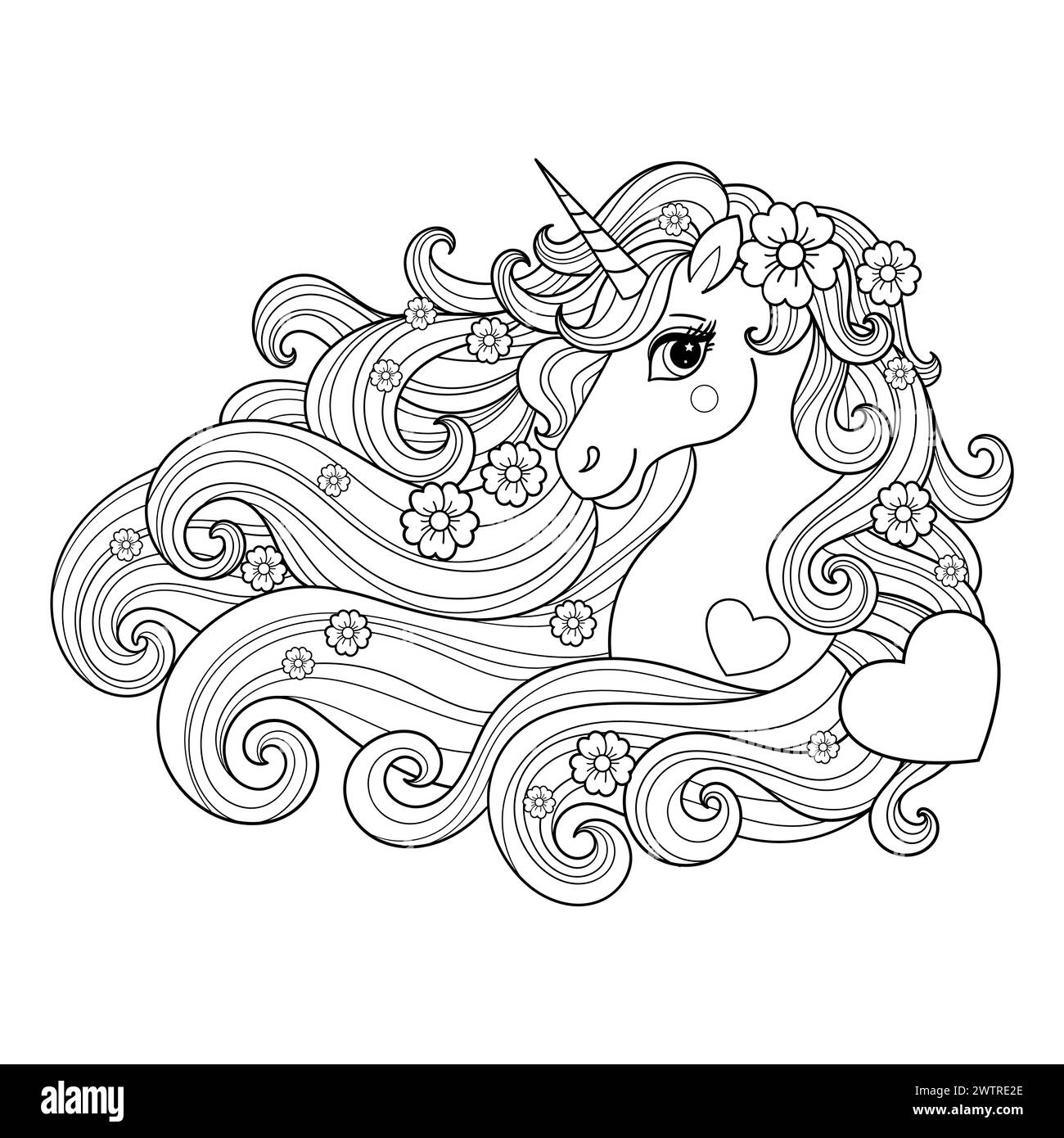 Einhornkopf mit langer Mähne, Blumen und Herzen. Lineare Schwarzweißzeichnung. Für die Gestaltung von Ausmalbüchern, Drucken, Postern, Aufklebern, Postkarten Stock Vektor