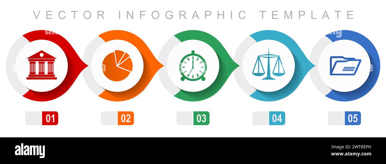 Bildungs-Infografikvorlage mit flachem Design, verschiedene Symbole wie Architektur, Diagramm, Uhr, Waagen und Ordner, Sammlung von Vektorsymbolen Stock Vektor