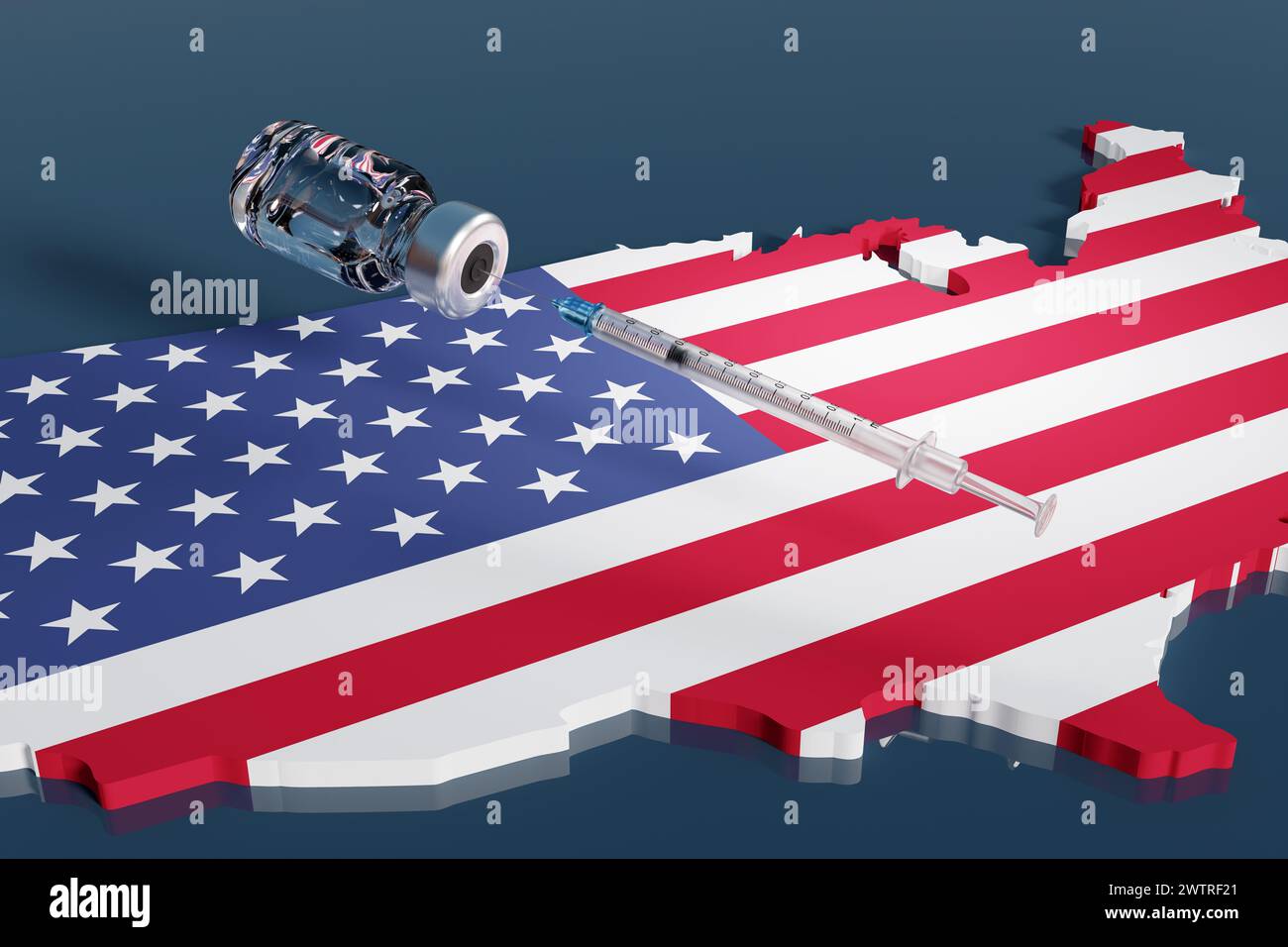 Spritze und eine Durchstechflasche über der Karte der USA. Illustration des Konzepts der Impfung und Immunisierung in den Vereinigten Staaten Stockfoto