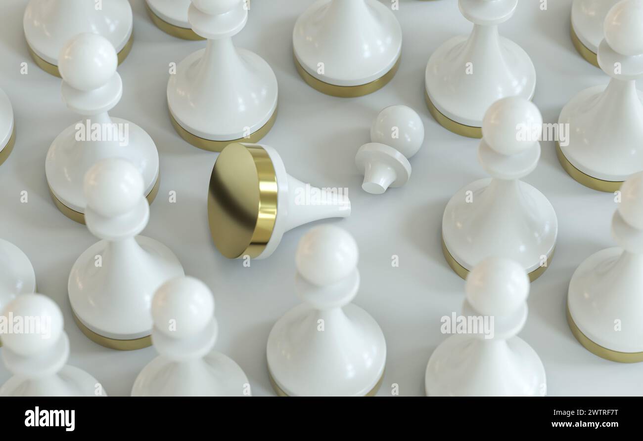 3D-Illustration eines gebrochenen Schachspielers inmitten anderer intakter Schachfiguren. Stockfoto