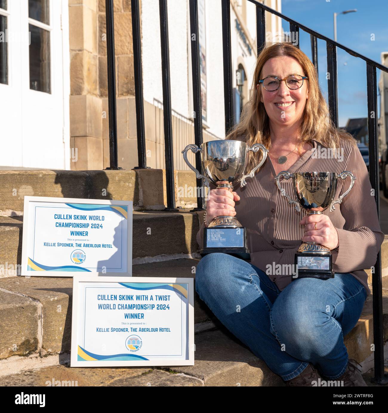 17. März 2024. Seafield Arms Hotel, Cullen, Moray, Schottland. Das ist Kellie Spooner, die am Sonntag, 17. M. an der World Cullen Skink Championship teilnahm Stockfoto