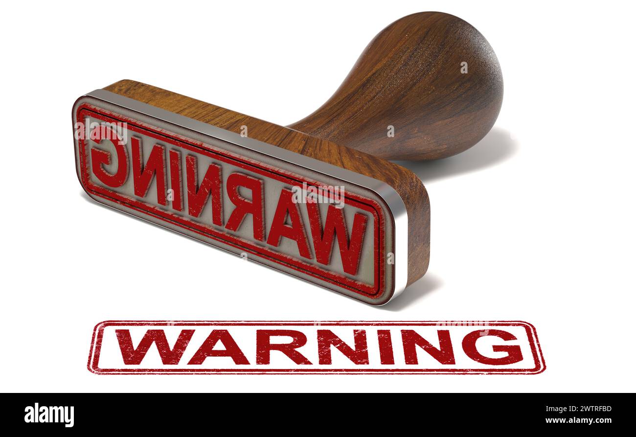 3D-Abbildung eines Gummistempels mit dem Wort Warnung auf weißem Hintergrund Stockfoto