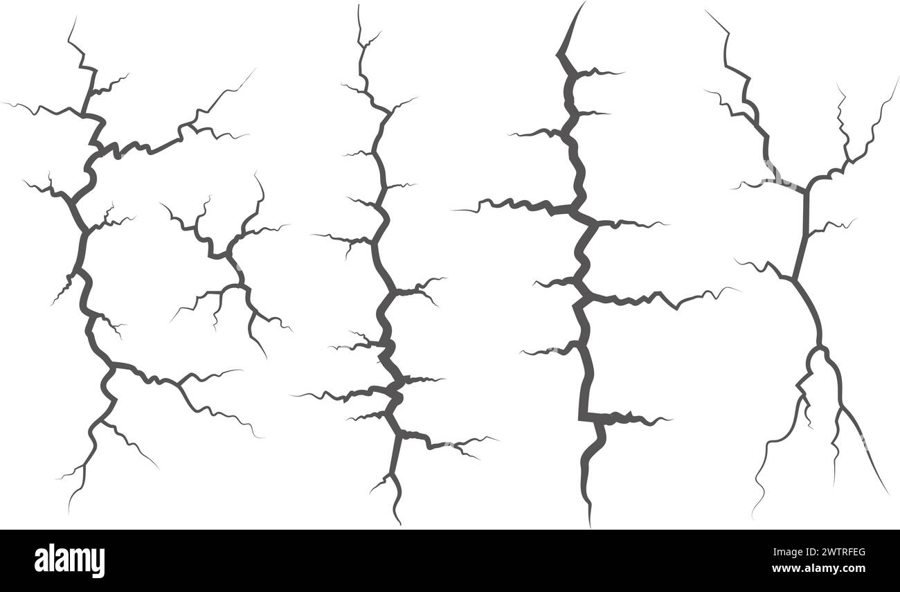 Risse sammeln sich an Wand, Erde oder Stein. Kratzt Linien auf Oberflächen. Vektorgrafiken für Blitz und Gewitter. Fissur auf Boden und Eis Stock Vektor