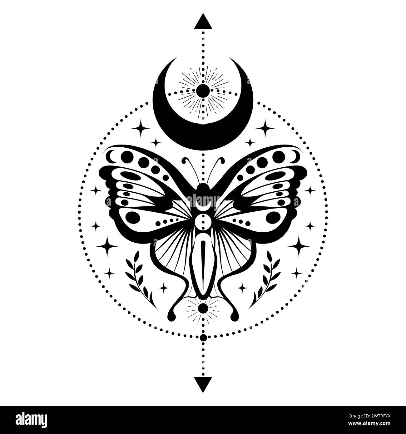 Mystische schwarze Motte, magischer Schmetterling und Mondsichel, heilige Symbole für Hexerei, Okkult, Esoterik, Druck, Poster, Tätowierung. Vektor heidnische Magie Stock Vektor