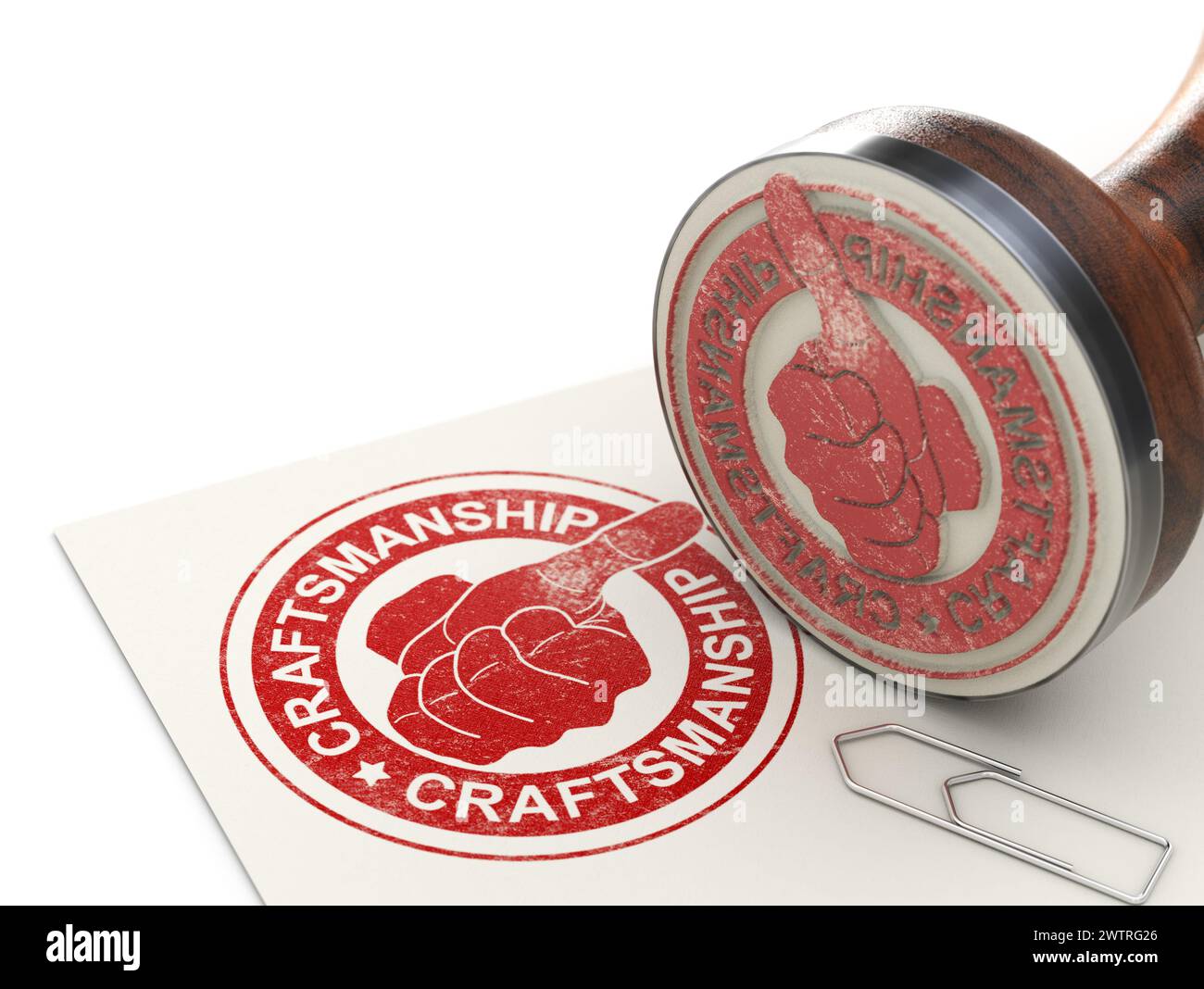 Gummistempel mit dem Wort Handwerkskunst in roter Farbe auf einem Papierbogen. 3D-Abbildung. Stockfoto