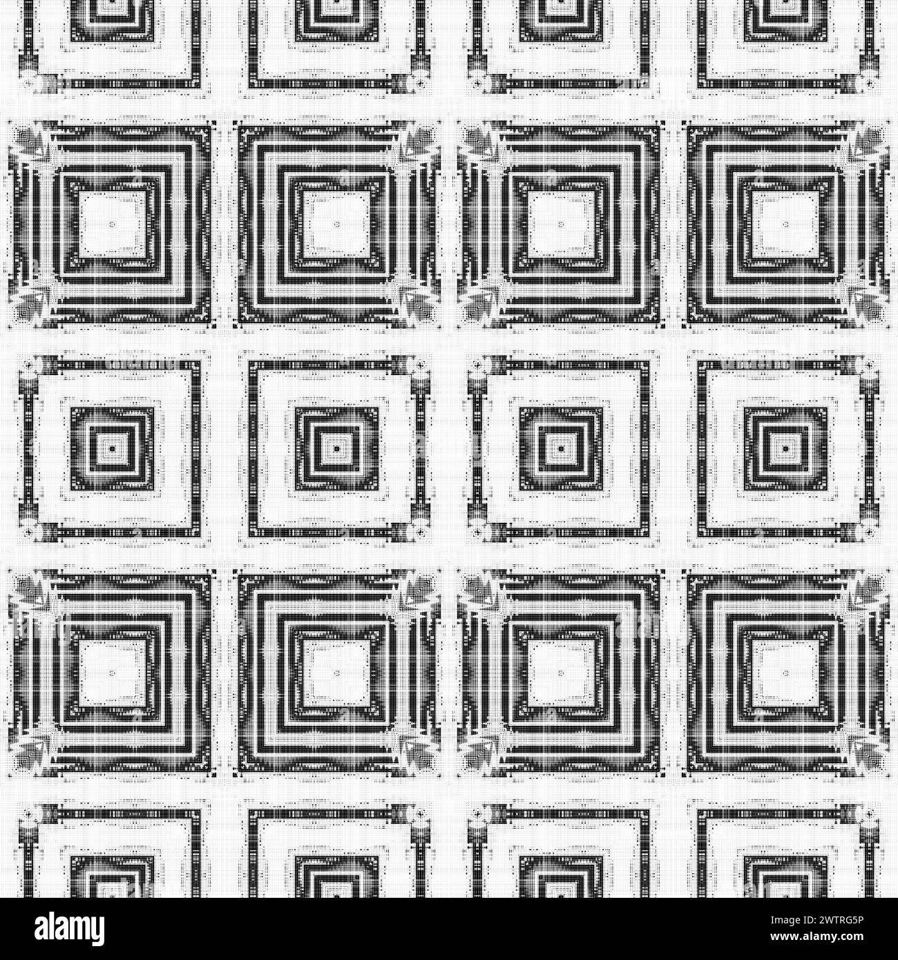 Abstraktes nahtloses schwarzes und weißes Halftone-Muster, Grunge-Stoff-Textur mit geometrischem Dekor in trendigem Luxus-Stil Stockfoto