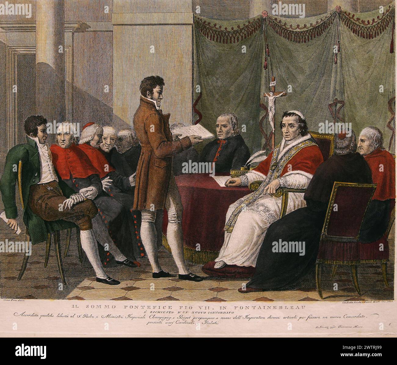 Napoleonische Frankreich. Beziehungen zum Papst. Pio VII. Erhält 1811 in Fontainebleau einen Vorschlag für ein neues Abkommen. Stich von G. Pera. 19. Jahrhundert Stockfoto