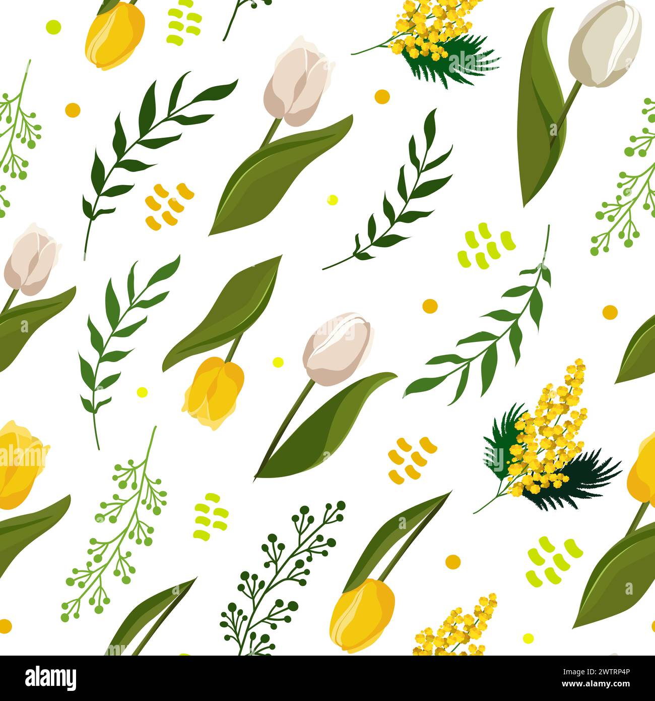 Nahtloses Vektormuster mit weißen Tulpen und gelber Mimosa auf weißem Hintergrund. Flaches Design mit Blumen zum Scrapbooking, Kinderkleidung, Kleid, Fabri Stock Vektor