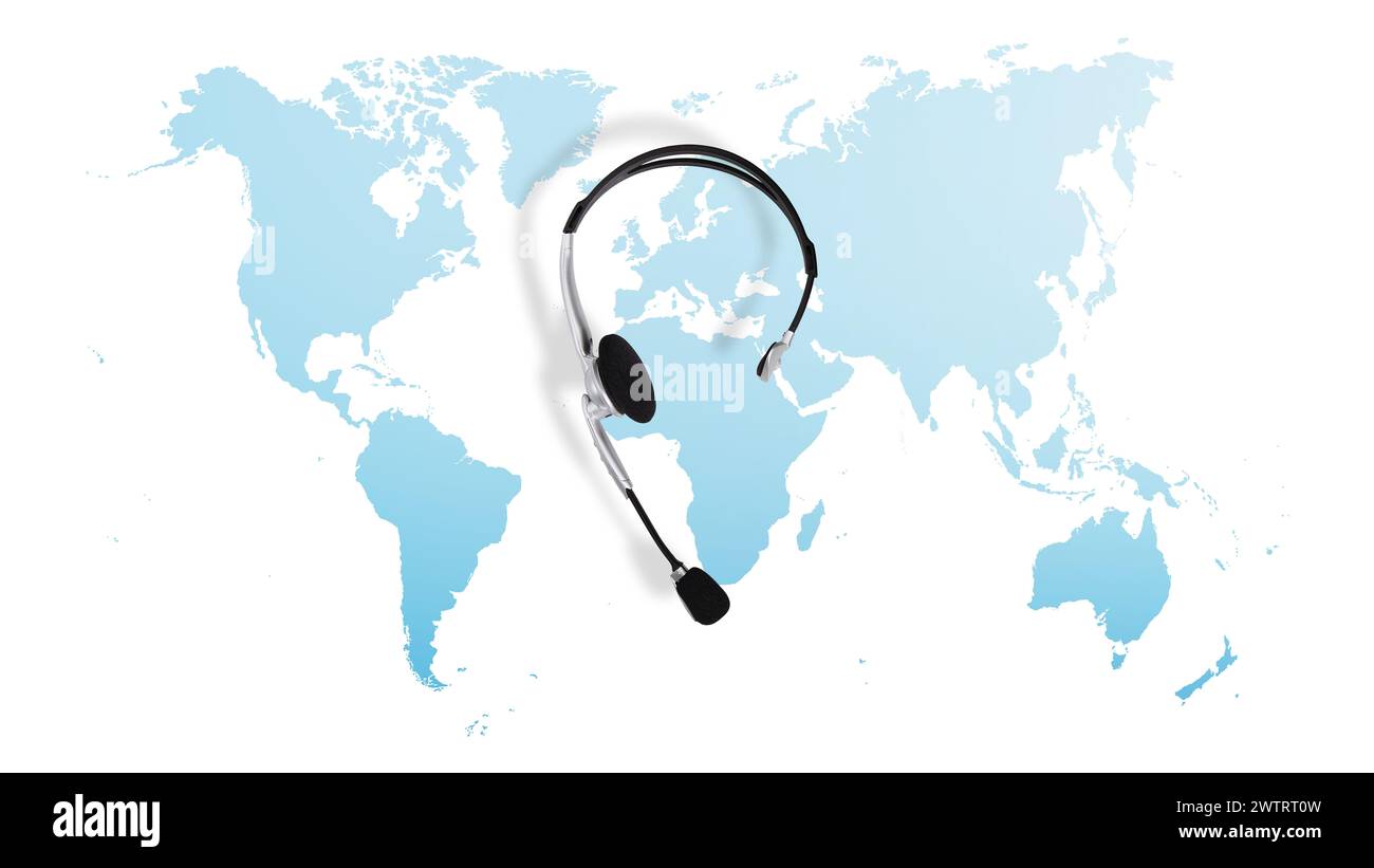 Headset-Draufsicht ein blauer Kartenhintergrund, der die Unterstützung für internationale Reisebuchungen für Urlaub, Geschäftsreisen und Handelslogistik symbolisiert. Stockfoto