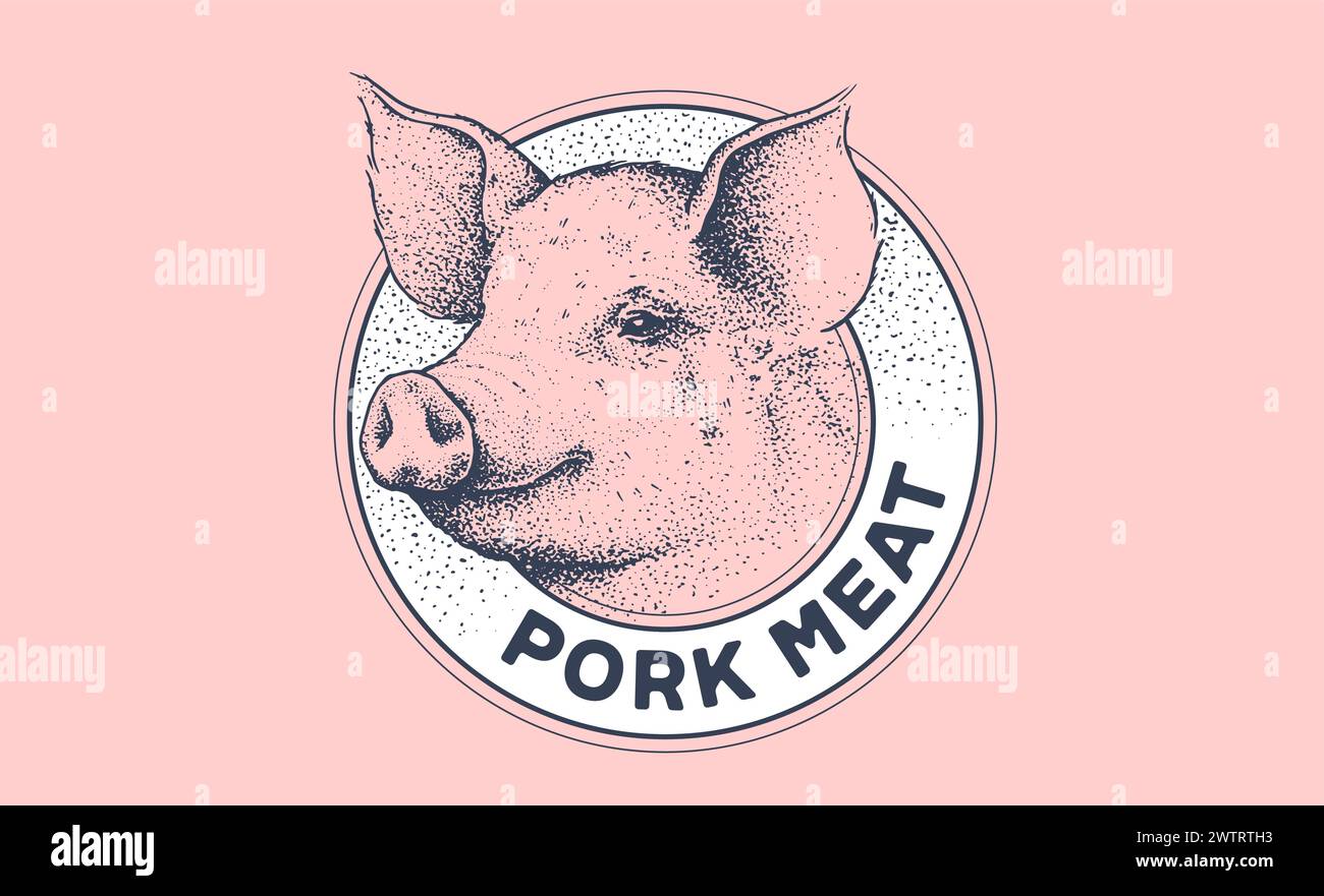 Etikett für Schweinefleisch, Schwein, Schwein, Kopf, Fleisch. Vorlage Für Etikett Mit Fleischkennzeichnung. Vintage-Druck, Tag, Etikett Pig Sketch Tinte Bleistiftzeichnung. Fleischerei Schweinekopf Fleischgeschäft, Text, Typografie. Vektorabbildung Stock Vektor