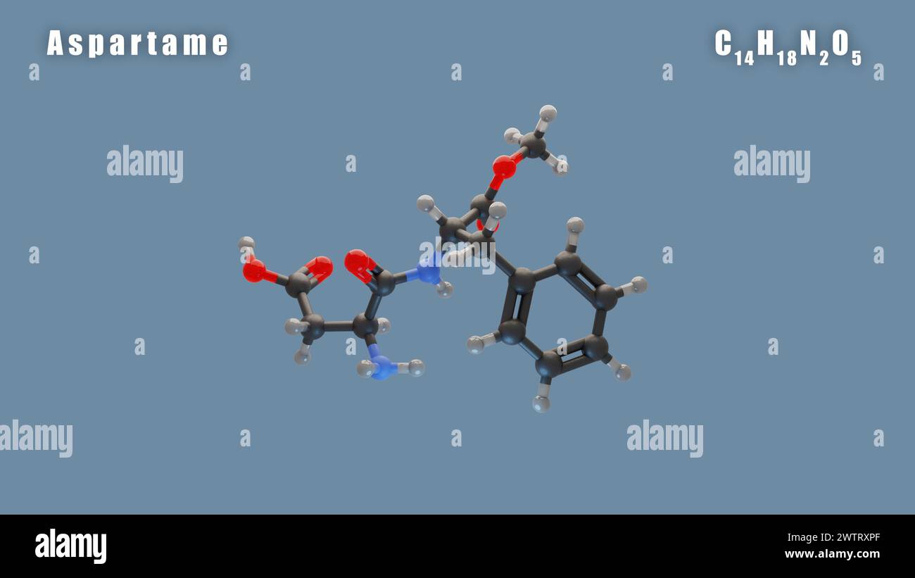 Aspartammolekül von C14H18N2O5 3D Conformer Rendering. Lebensmittelzusatzstoff E951. Isolierter Hintergrund Stockfoto