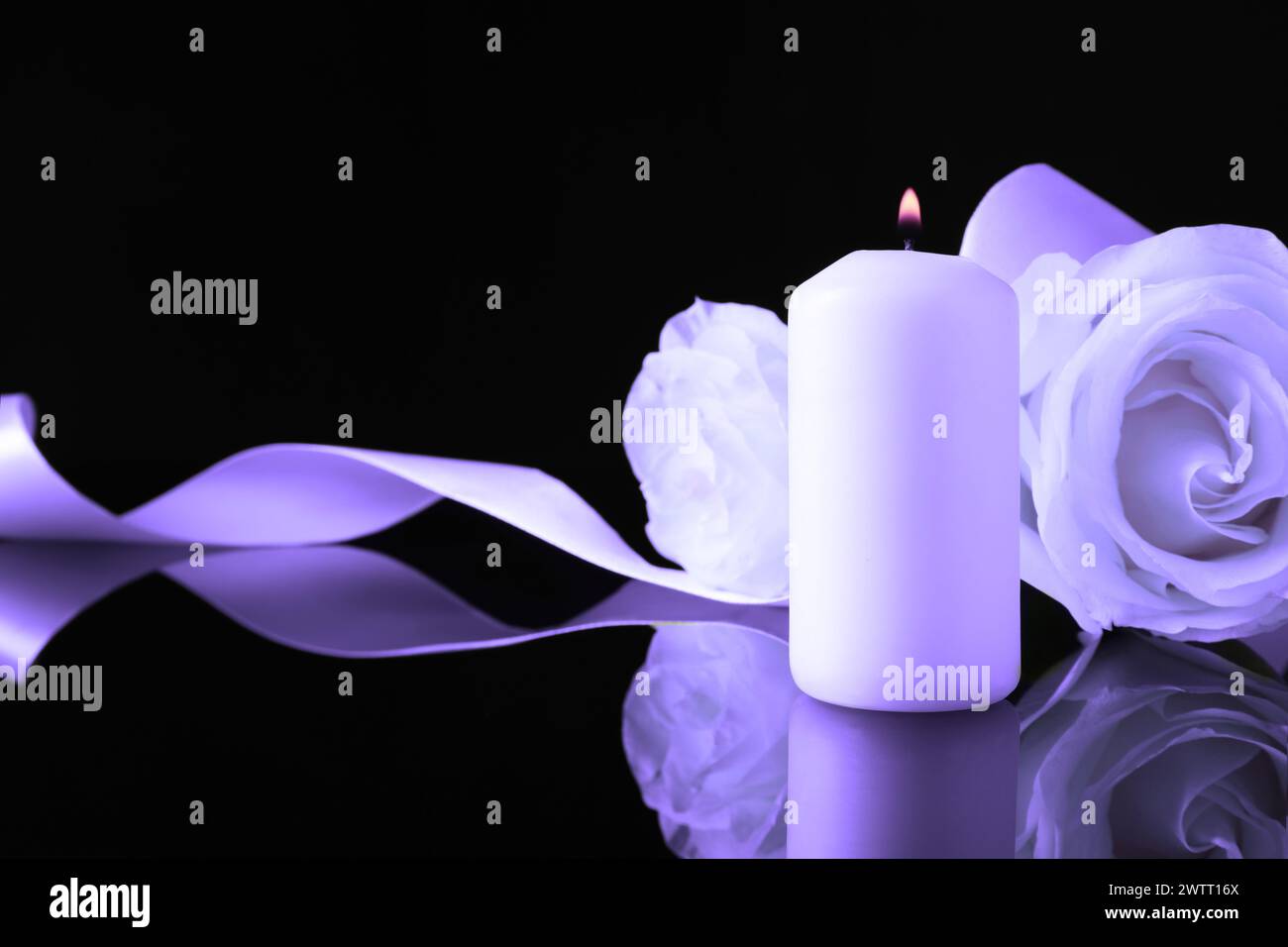 Violette Rosen und brennende Kerze auf schwarzer Spiegelfläche, Platz für Text. Beerdigungsattribute Stockfoto