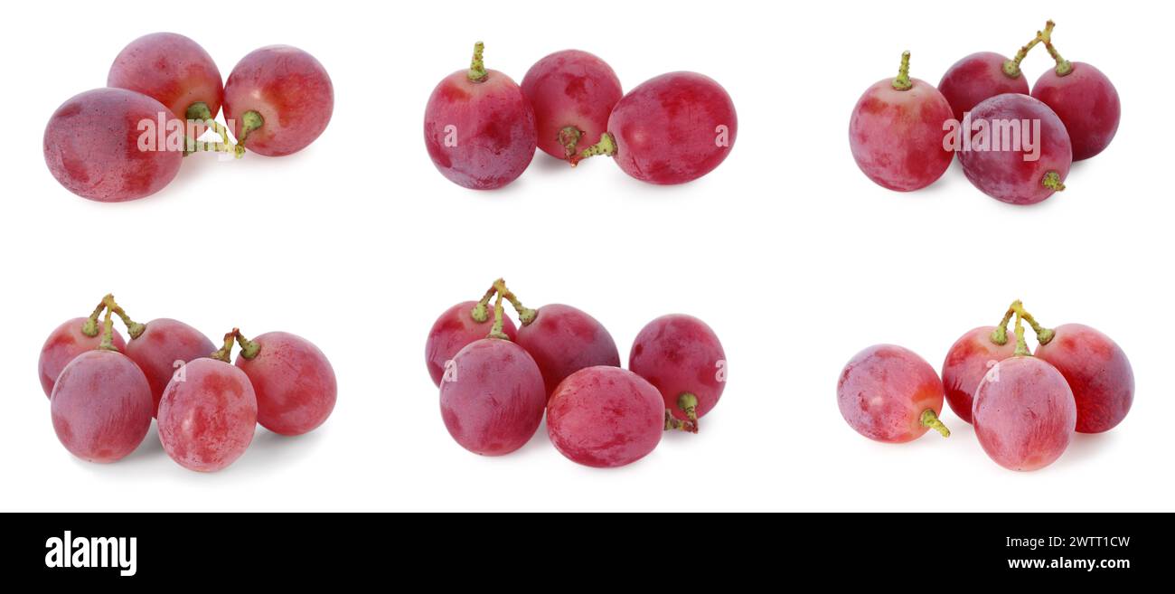 Köstliche frische rote Trauben isoliert auf weiß, Set Stockfoto