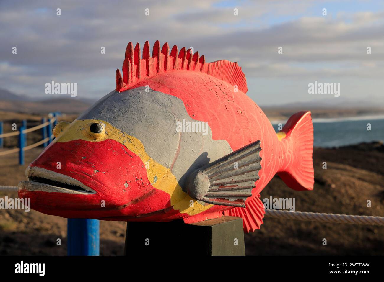 Skulptur des mediterranen Papageienfisches Sparisoma cretense, oberhalb des Fischerhafens, El Cotillo, Fuerteventura, Kanarische Inseln, Spanien. Stockfoto