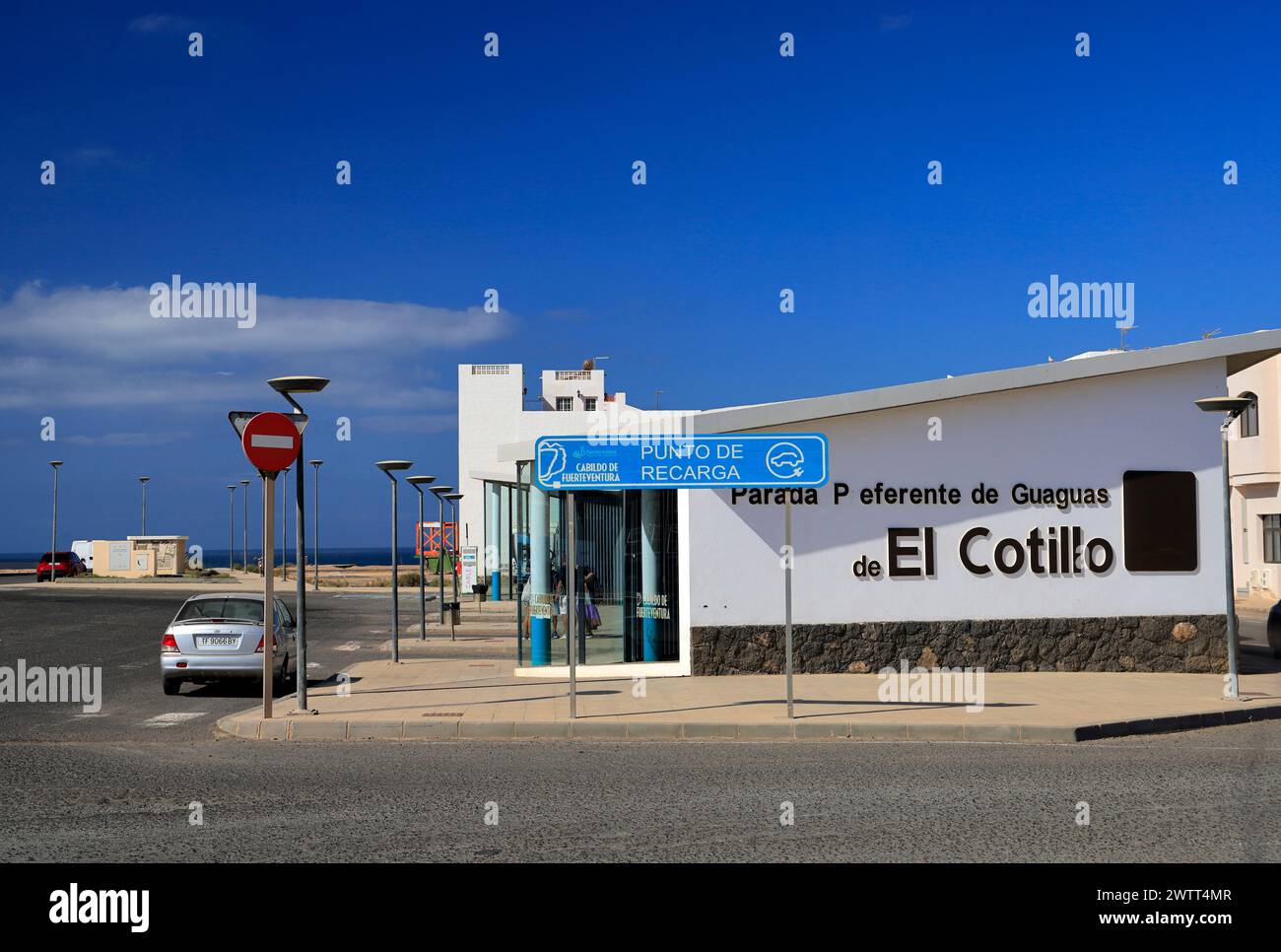 Bushaltestelle oder Estacion Guaguas, El Cotillo, Fuerteventura, Kanarische Inseln, Spanien. Stockfoto