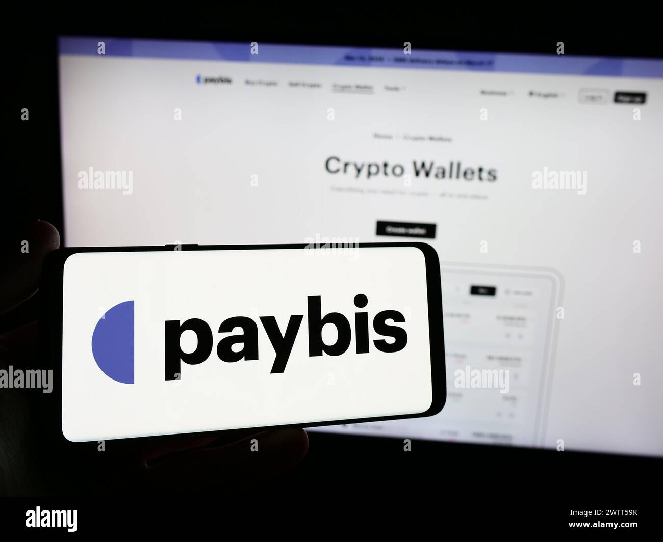 Person mit Smartphone und Logo des polnischen Kryptowährungsunternehmens Paybis vor der Website. Schwerpunkt auf dem Display des Telefons. Stockfoto