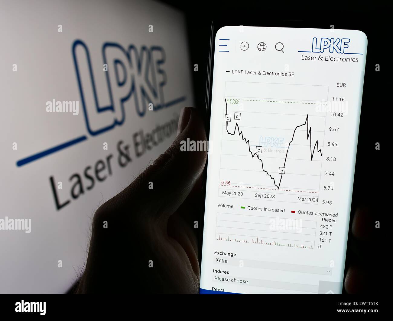 Person mit Mobiltelefon und Website des deutschen Technologieunternehmens LPKF Laser Electronics SE vor dem Logo. Konzentrieren Sie sich auf die Mitte des Telefondisplays. Stockfoto