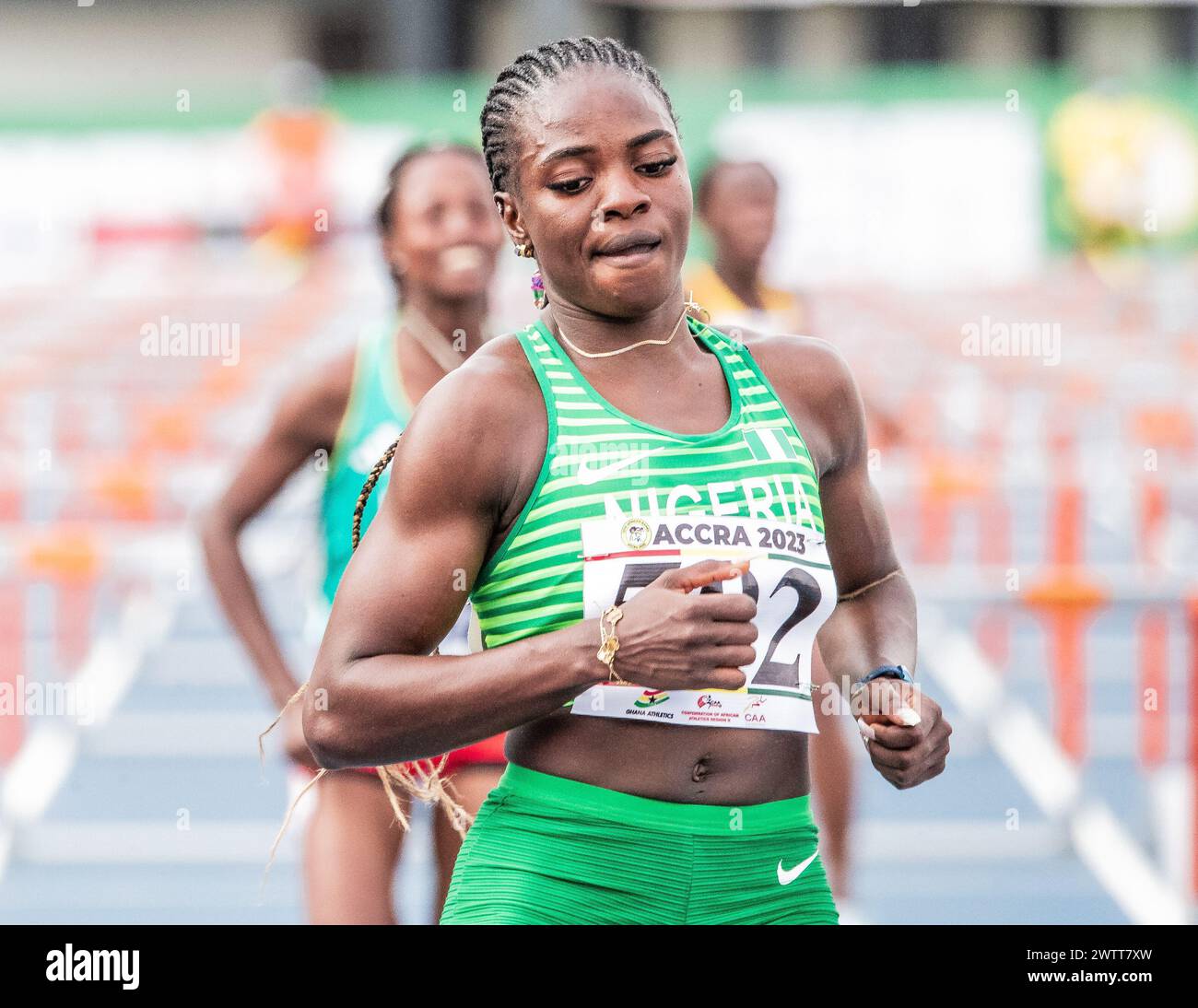 TOBI AMUSAN, LEICHTATHLETIK, 100 M HÜRDENLAUF 1. RUNDE, AFRIKANISCHE SPIELE, GHANA 2023 Stockfoto