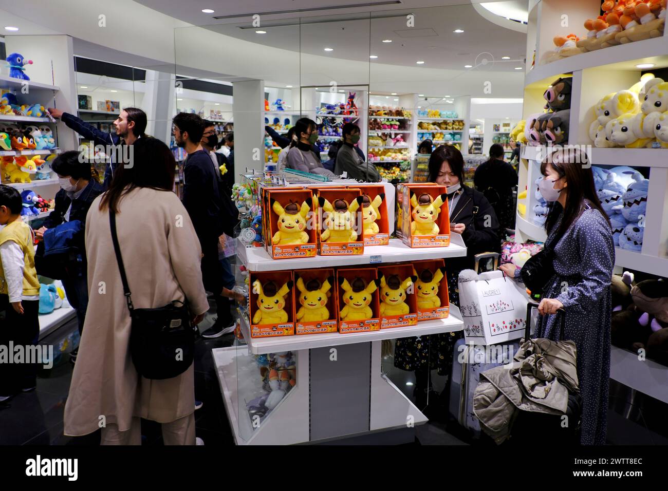 Tokio, Japan. März 2024. Pokémon Plüschfiguren im Pokémon Center TOKYO DX & Pokémon Cafe in Nihonbashi, Tokio. Der offizielle Pokémon-Store befindet sich in der Nihombashi Takashimaya S.C. und verkauft Spielsoftware und Originalwaren und veranstaltet zahlreiche Kampagnen und Veranstaltungen. Das Café hat eine holzfarbene Inneneinrichtung, wo Sie nach Herzenslust Gerichte und Getränke im Pokémon-Stil genießen können. (Foto: James Matsumoto/SOPA Images/SIPA USA) Credit: SIPA USA/Alamy Live News Stockfoto