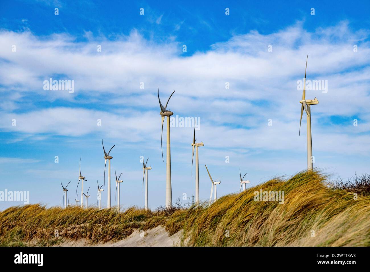 Windmühlen sind Windmühlen, die die kinetische Energie der Luft in Rotationsenergie der Rotorblätter umwandeln, die dann sinnvoll genutzt werden kann, beispielsweise zur Stromerzeugung. Stockfoto