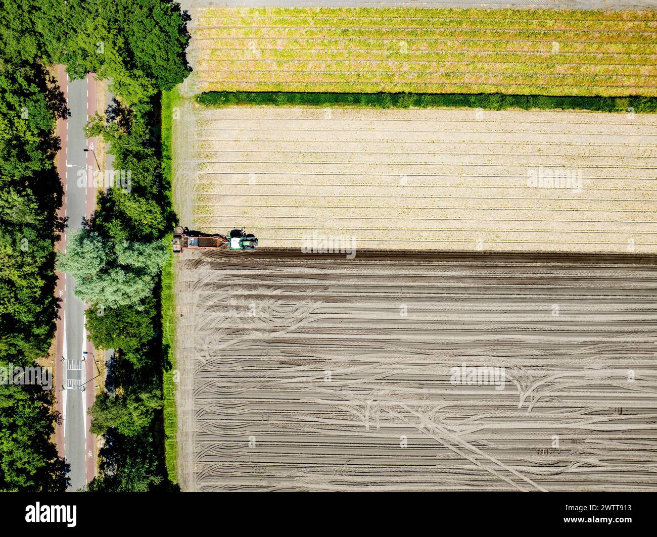 Luftaufnahme des Traktors beim Pflügen des landwirtschaftlichen Feldes Stockfoto