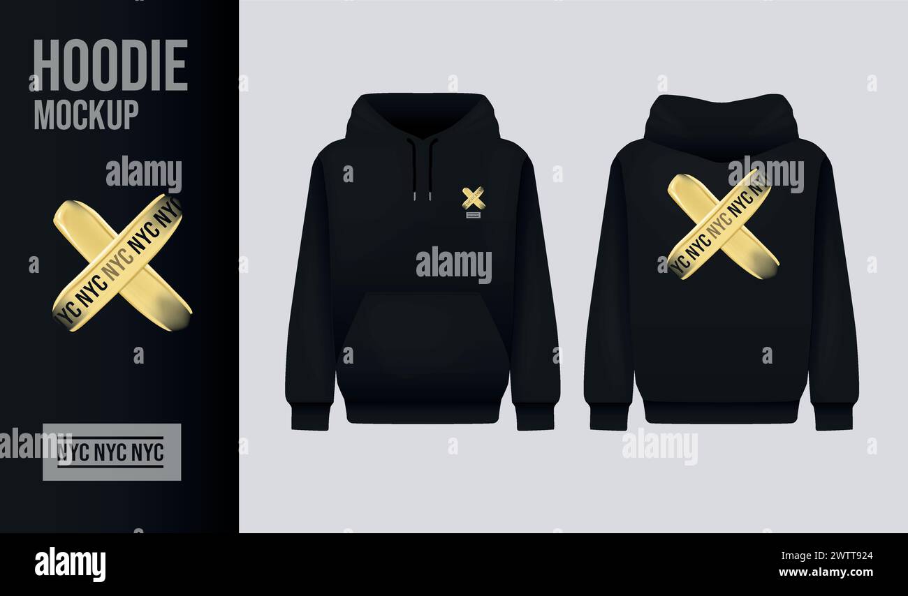 Schwarzes Hoody-Design für Herren. Realistisches Jumper-Modell. Langärmelige Kleidung Stock Vektor