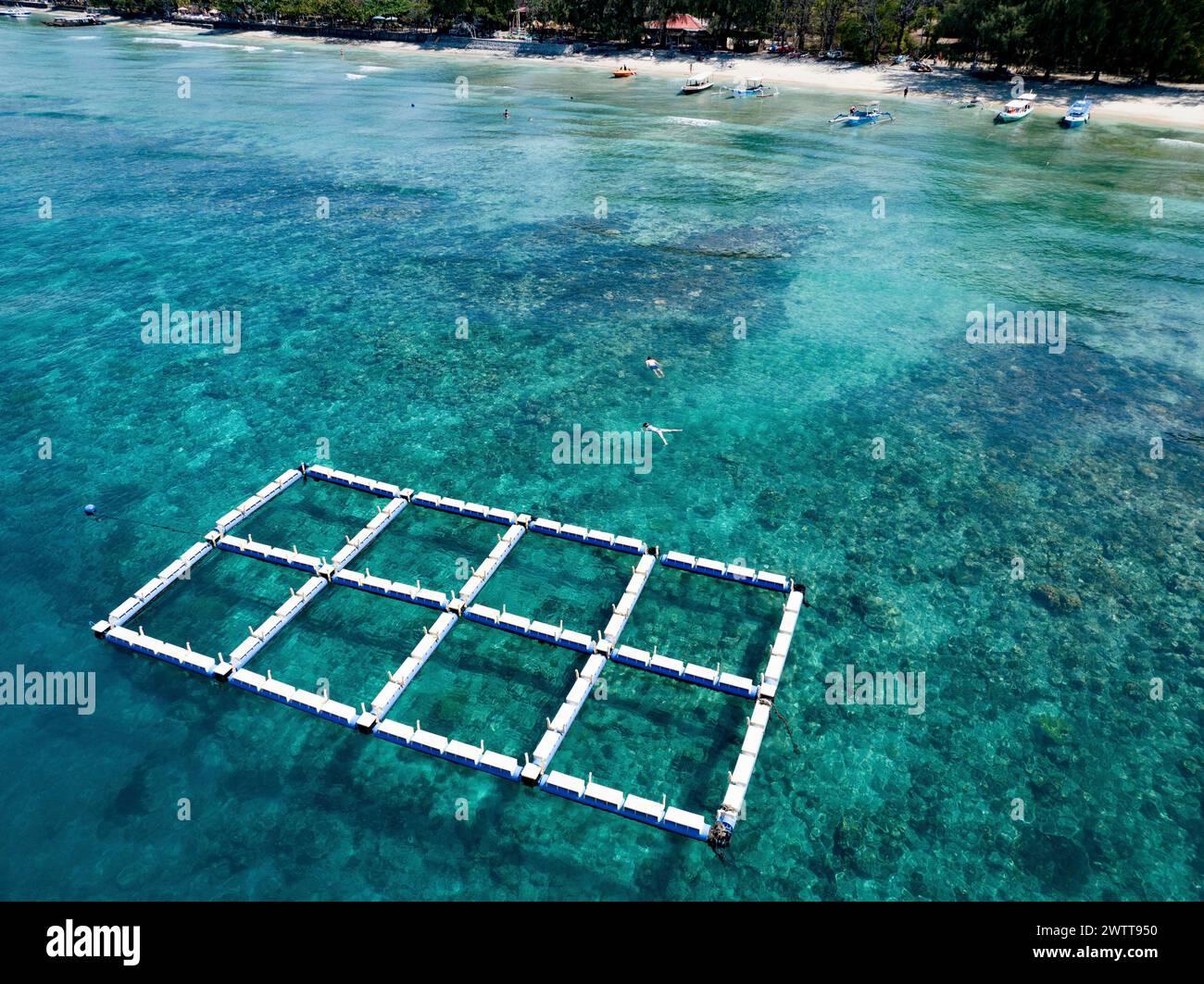 Aus der Vogelperspektive auf schwimmende Docks auf einem klaren tropischen Meer. Stockfoto