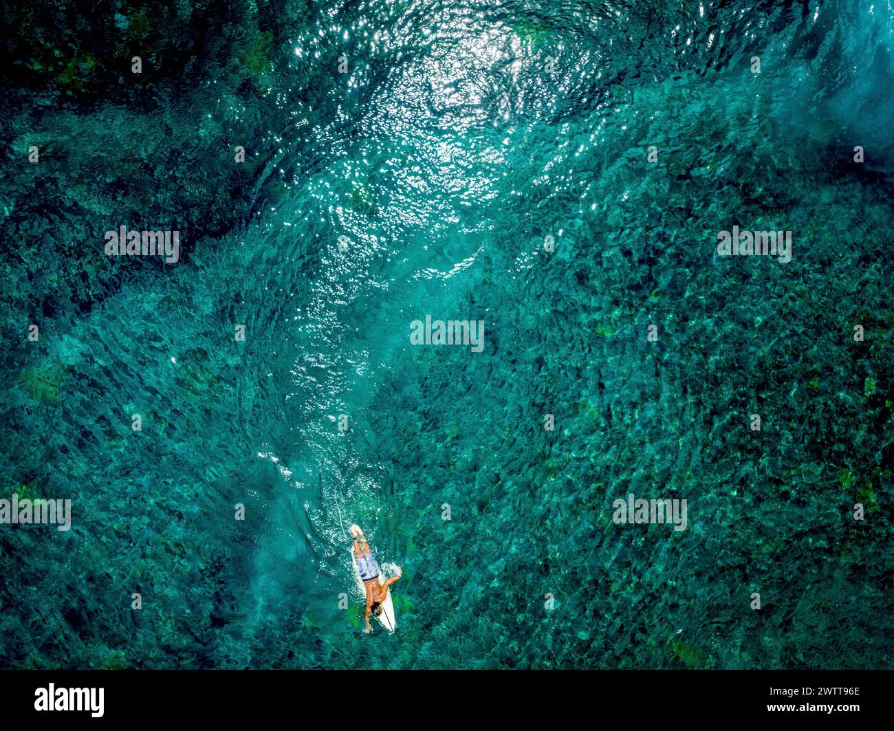 Surfer surfen in den Wellen. Nusa Lembongan ist eine Insel südöstlich von Bali mit wunderschönen Stränden. Luftaufnahme Stockfoto