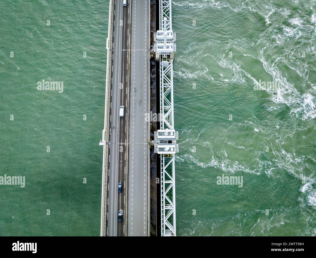 Neeltje Jans ist Teil der Oosterscheldekering als Arbeitsinsel. Aus der Vogelperspektive des Damms Stockfoto