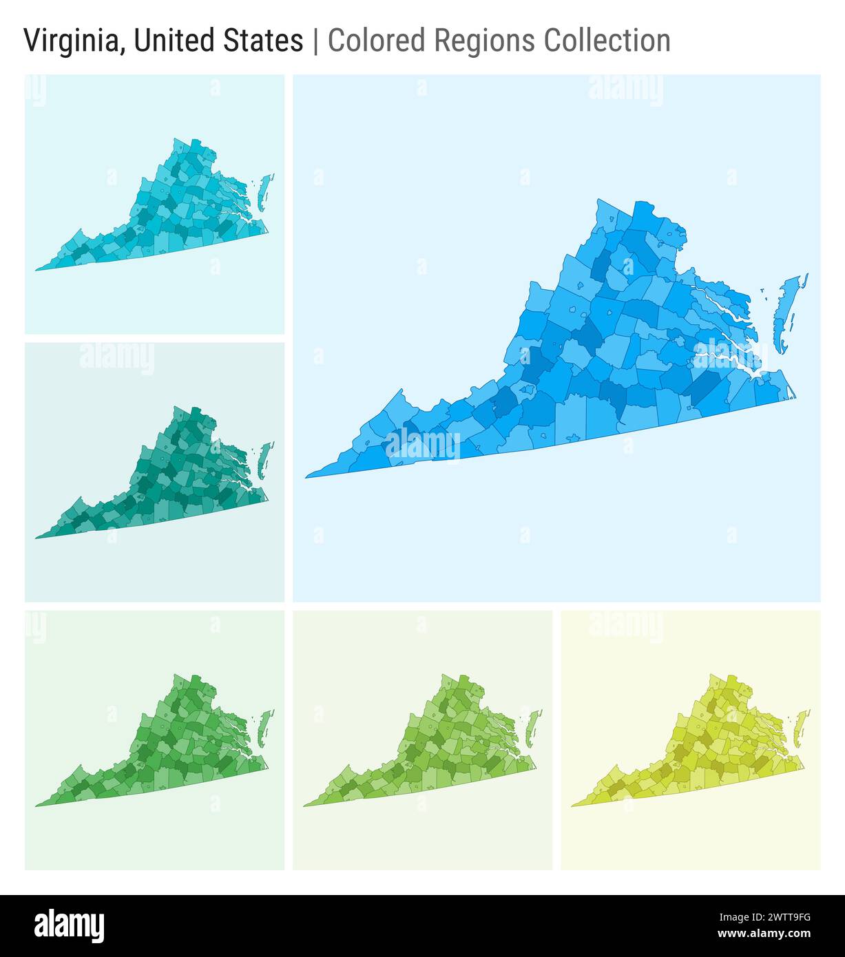 Virginia, Usa. Kartensammlung. Statusform. Farbige Bezirke. Hellblau, Cyan, Teal, Grün, Hellgrün, Farbpaletten in Limettenfarben. Stock Vektor