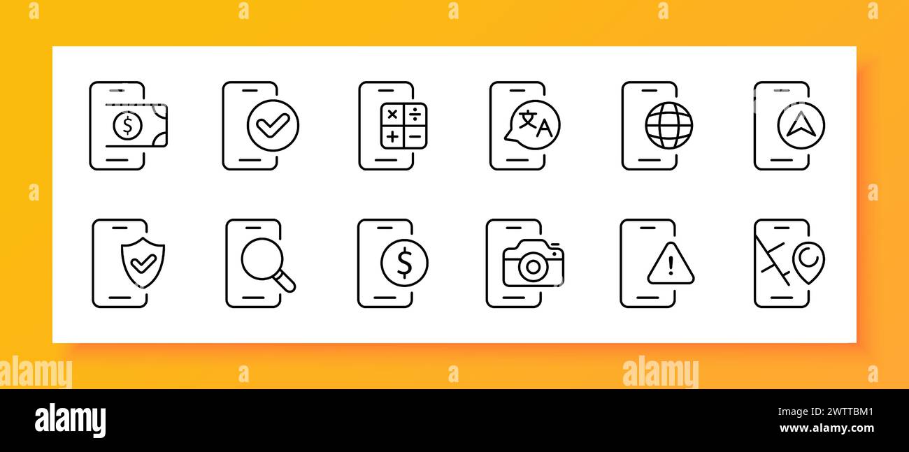 Smartphone-Symbolgruppe. Anwendung, Akku, Übersetzer, Bank, Rechner, navigator, Suchmaschine, GPS. Schwarzes Symbol auf weißem Hintergrund. Vektorlinie Stock Vektor