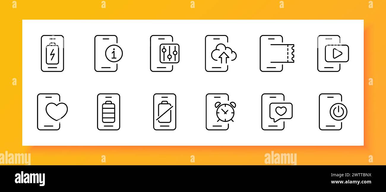 Smartphone-Symbolgruppe. Anwendung, Akku, Informationen, Einstellungen, Cloud-Speicher, Uhr, Benachrichtigung, Dating-Site. Schwarzes Symbol auf weißem Hintergrund. V Stock Vektor