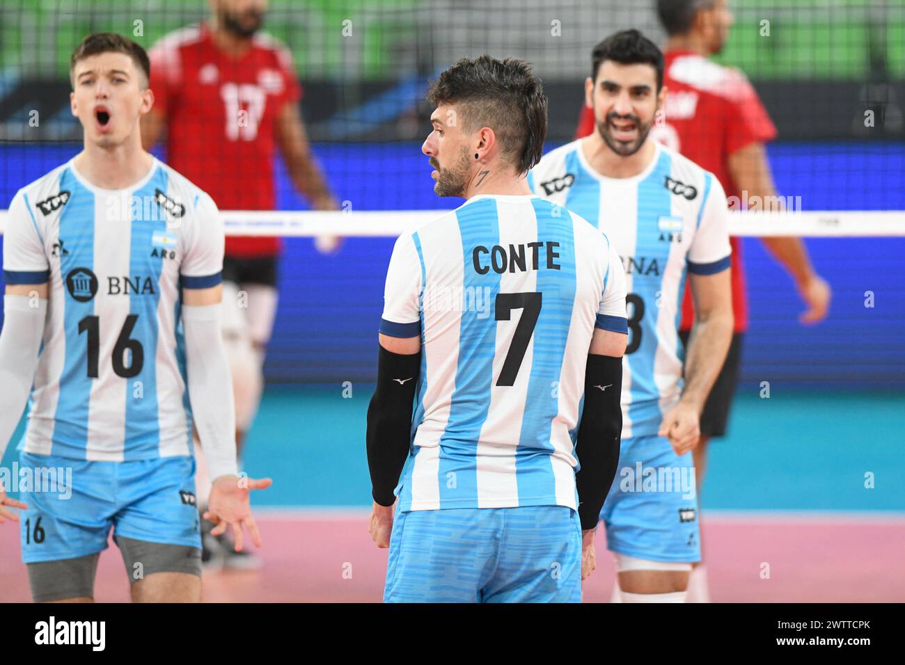 Facundo Conte, Martin Ramos, Agustin Loser (Argentinien). Volleyball-Weltmeisterschaft 2022. Stockfoto